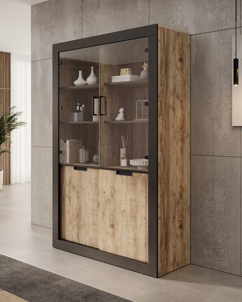 Meubella | Buffetkast eiken 120cm Vitrinekast 2 schuifdeuren, Huis en Inrichting, Kasten | Buffetkasten, 25 tot 50 cm, Nieuw, 150 tot 200 cm
