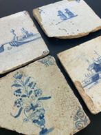 Tegel - Antieke Delfts blauwe tegels met een kasteel, brug, Antiek en Kunst