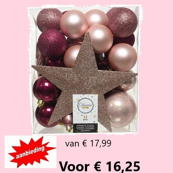 Decoris Onbreekbare kerstballenset a 33 stuks roze bordeaux, Diversen, Kerst, Nieuw, Verzenden