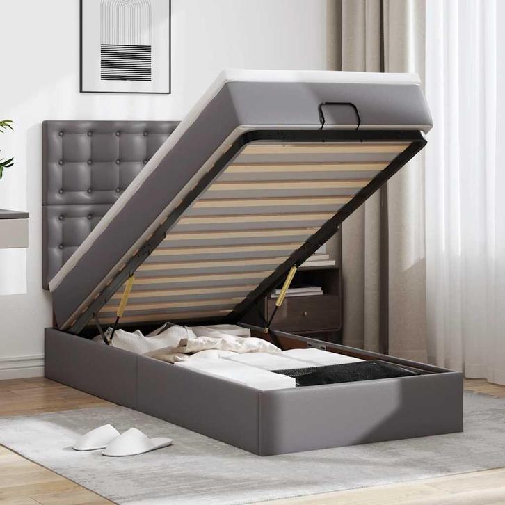 vidaXL Ottomaanse bed met matras 90x190cm kunstleer grijs, Huis en Inrichting, Slaapkamer | Bedden, 90 cm, 190 cm of minder, Grijs