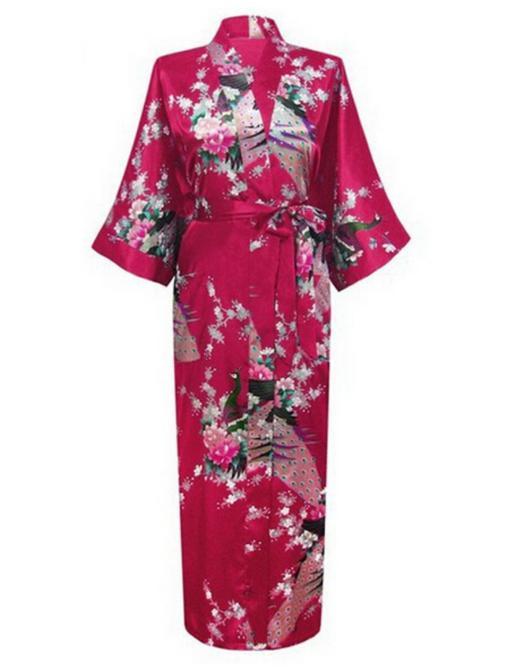 KIMU® Kimono Bordeauxrood Maxi XL-XXL Yukata Satijn Lang Lan, Kleding | Dames, Carnavalskleding en Feestkleding, Nieuw, Maat 46/48 (XL) of groter