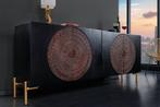 Massief dressoir MANDALA 160cm mangohout zwart gouden poten, Nieuw, Ophalen of Verzenden