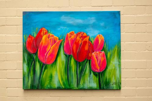 Fleurige Tulpen in de Lentezon – Schilderij op Canvas, Antiek en Kunst, Antiek | Woonaccessoires, Ophalen of Verzenden