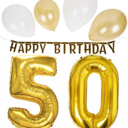 11-delige slinger en ballonnen set 50 goud met wit, Hobby en Vrije tijd, Feestartikelen, Abraham of Sarah, Versiering, Nieuw, Verzenden