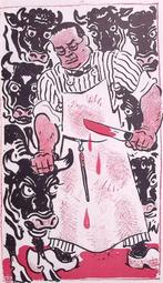 Spotprent Minister Verschuur afgebeeld als slager met zij..., Antiek en Kunst, Kunst | Litho's en Zeefdrukken, Verzenden