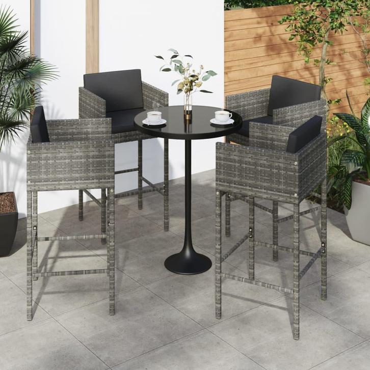 vidaXL Barkrukken 4 st met kussens poly rattan grijs, Tuin en Terras, Tuinstoelen, Nieuw, Rotan, Verzenden