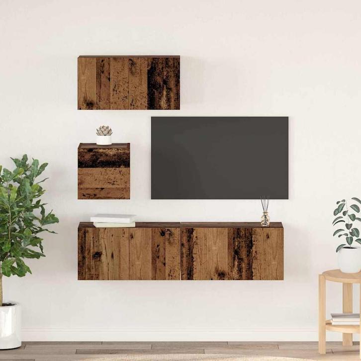 vidaXL Tv-meubelset Wandgemonteerd 4 pcs Oud Hout Bewerkt, Huis en Inrichting, Kasten | Televisiemeubels, Nieuw, Minder dan 50 cm