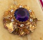 Broche - 18 karaat Geel goud Amethist - Parel, Sieraden, Tassen en Uiterlijk, Antieke sieraden