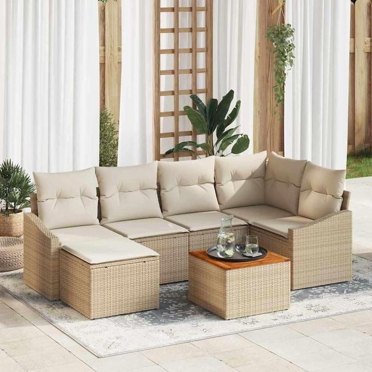 vidaXL Tuin Sofa Set met kussen 7 pcs Beige Poly riet, Tuin en Terras, Tuinsets en Loungesets, Nieuw, Rotan, Verzenden