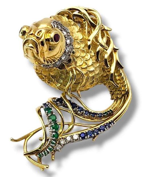 Broche - 18 karaat Geel goud, Grote visbroche van 18 karaats, Sieraden, Tassen en Uiterlijk, Antieke sieraden