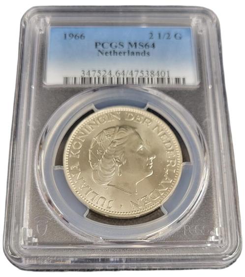 Koningin Juliana zilveren 2 1/2 gulden 1966 MS64 PCGS, Postzegels en Munten, Munten | Nederland, Losse munt, Koningin Juliana