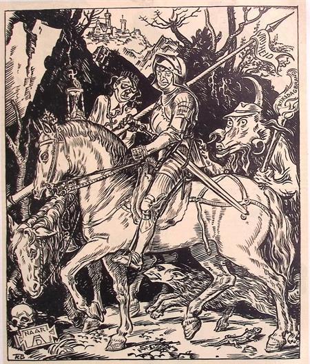 Parodie van de Ridder, Dood en Duivel op spotprent (Lithos), Antiek en Kunst, Kunst | Litho's en Zeefdrukken, Verzenden