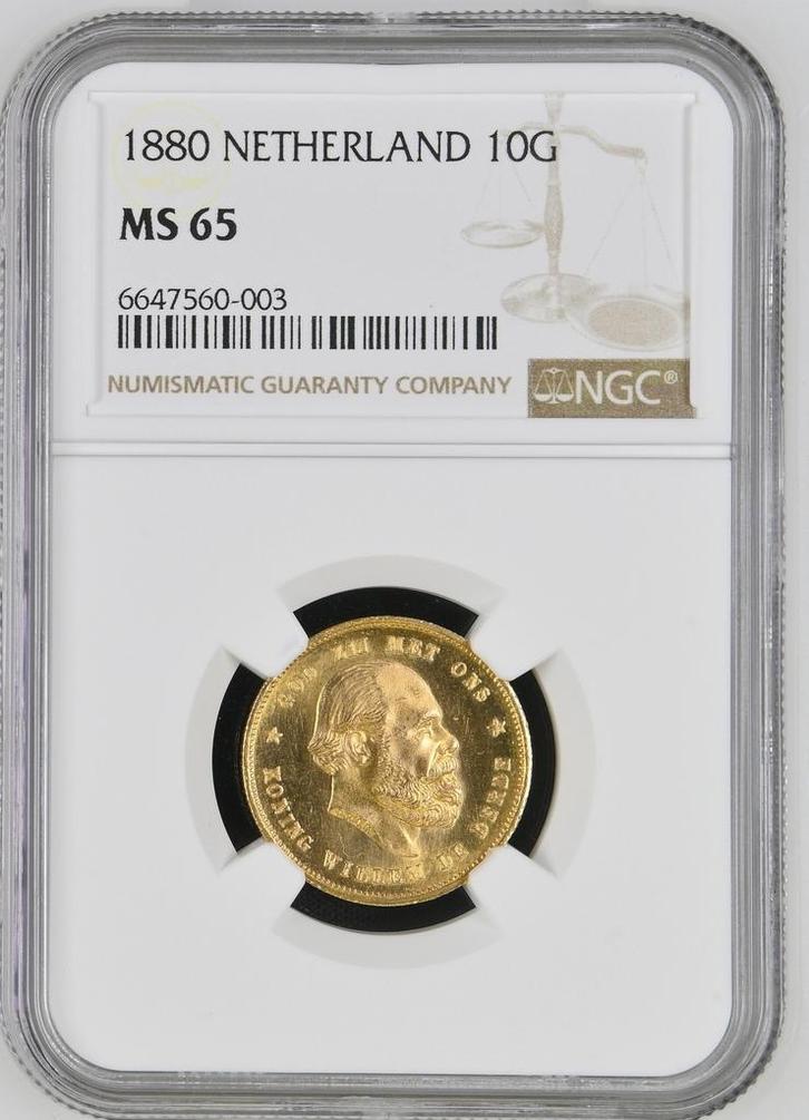Gouden Willem III 10 gulden 1880 MS65 NGC gecertificeerd, Postzegels en Munten, Munten | Nederland, Losse munt, 10 gulden, Koning Willem III