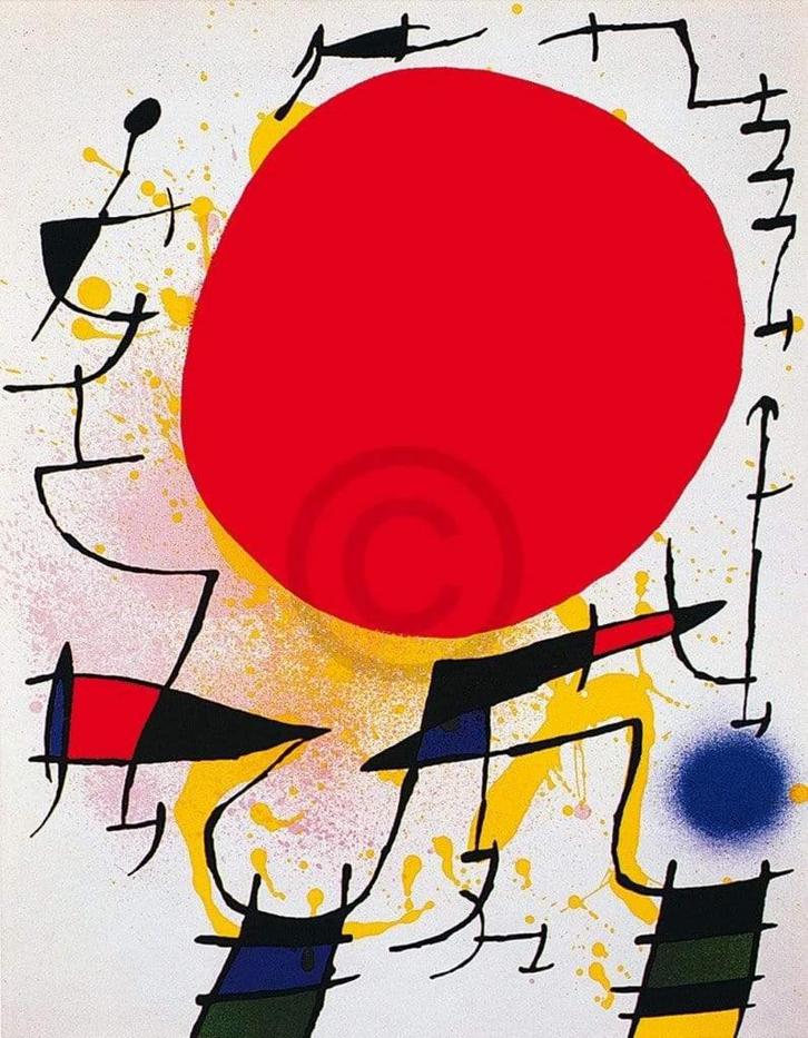 Kunstdruk Joan Miro - Le soleil rouge 60x80cm, Huis en Inrichting, Woonaccessoires | Schilderijen, Tekeningen en Foto's, Nieuw