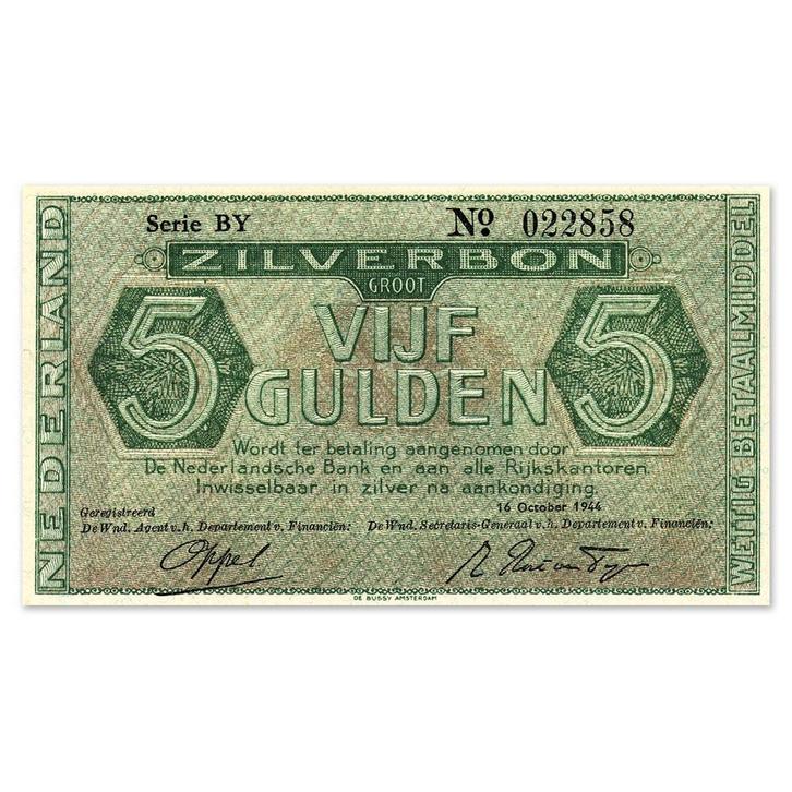 5 Gulden Zilverbon 1944 UNC, Postzegels en Munten, Bankbiljetten | Nederland, Verzenden
