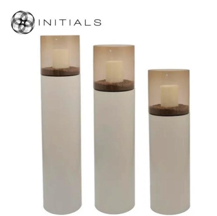 3 Stuks Initials Windlicht op pilaar Ivory brown Goud Zwart, Huis en Inrichting, Woonaccessoires | Kandelaars en Kaarsen, 25 tot 50 cm