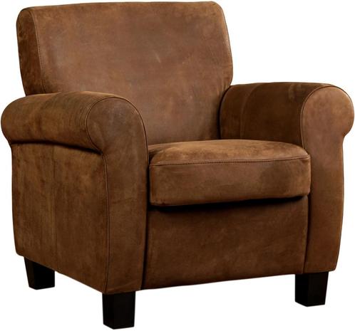 Bruine leren klassieke fauteuil - poot hout bruin - Kenia Le, Huis en Inrichting, Fauteuils, 75 tot 100 cm, 75 tot 100 cm, Nieuw