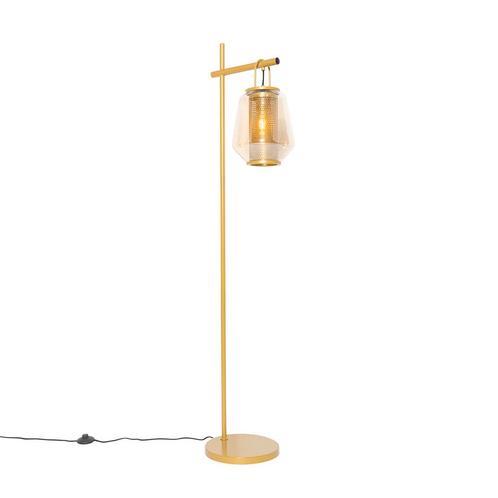 Art deco vloerlamp goud met amber glas - Kevin, Huis en Inrichting, Lampen | Vloerlampen, Nieuw, Glas, 150 tot 200 cm