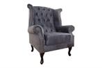 Chesterfield vleugelfauteuil antiekgrijs met knoopstiksel en, Ophalen of Verzenden, Nieuw