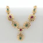 18 Krt. Gouden Oosterse collier met robijn en smaragd | 4..., Sieraden, Tassen en Uiterlijk, Kettingen, Gebruikt, Overige kleuren