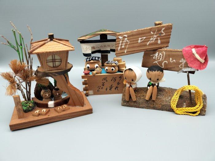 3x creatieve Japanse Kokeshi-poppen - Hout - Japan - Shwa, Antiek en Kunst, Antiek | Speelgoed