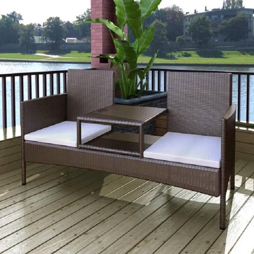 vidaXL Tuinbank 2-zits met tafeltje poly rattan bruin, Tuin en Terras, Tuinbanken, Nieuw, Rotan, Verzenden