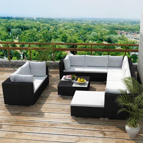 vidaXL 10-delige Loungeset met kussens poly rattan zwart, Tuin en Terras, Tuinsets en Loungesets, Loungeset, Nieuw, Meer dan 8 zitplaatsen