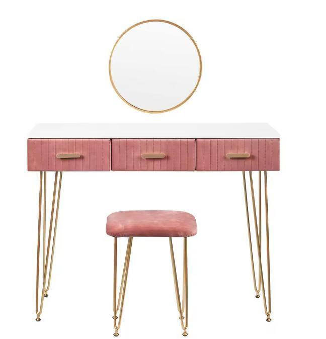 Kaptafel met Spiegel en Kruk – Roze Fluweel, 3 Lades, Metaal, Huis en Inrichting, Tafels | Kaptafels, Nieuw, Verzenden