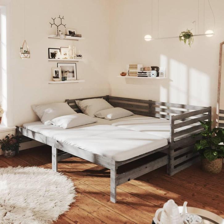 vidaXL Bedbank uitschuifbaar massief grenenhout grijs, Huis en Inrichting, Slaapkamer | Bedden, 90 cm, 200 cm, Grijs, Eenpersoons