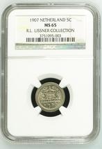 Koningin Wilhelmina 5 cent 1907 MS65 R.L. LISSNER COLLECTION, Losse munt, Verzenden