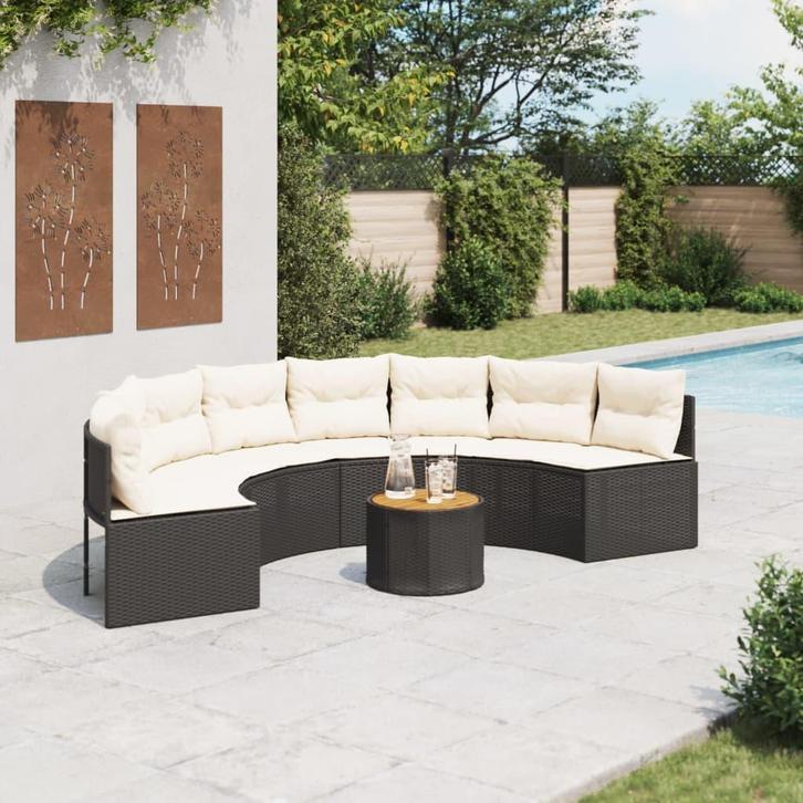 vidaXL Tuinbank met tafel en kussens halfrond poly rattan, Tuin en Terras, Tuinsets en Loungesets, Nieuw, Rotan, Verzenden