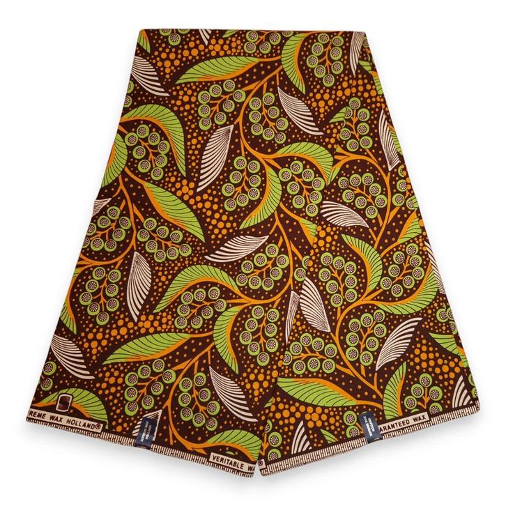 Afrikaanse wax print stof - Bruin en Groen Leaves And Berrie, Hobby en Vrije tijd, Stoffen en Lappen, Nieuw, Ophalen of Verzenden