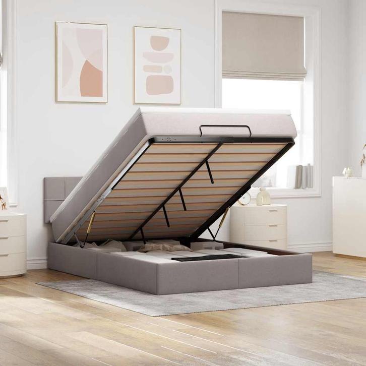 vidaXL Bed poef met matras en LEDs 140x200 cm stof taupe, Huis en Inrichting, Slaapkamer | Bedden, 140 cm, 200 cm, Tweepersoons