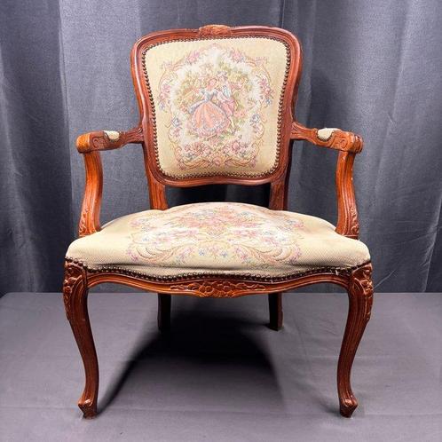 Fauteuil - Geborduurde tekeningen. - Hout - Elegant,, Antiek en Kunst, Curiosa en Brocante