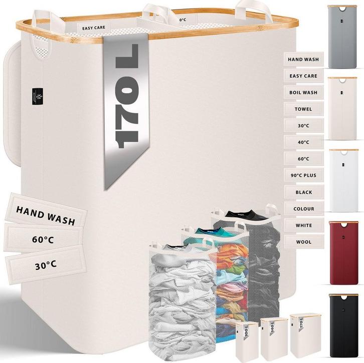 KESSER® Wasmand met Deksel - 3 Waszakken - 170 Liter - Beige, Huis en Inrichting, Overige Huis en Inrichting, Nieuw, Verzenden