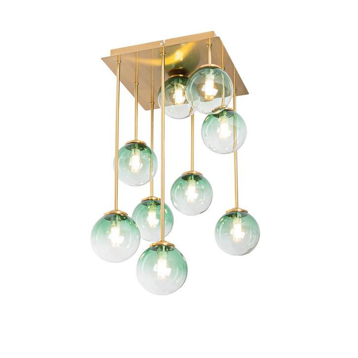Art Deco plafondlamp goud met groen glas 9-lichts - Athens, Huis en Inrichting, Lampen | Plafondlampen, Nieuw, Overige materialen
