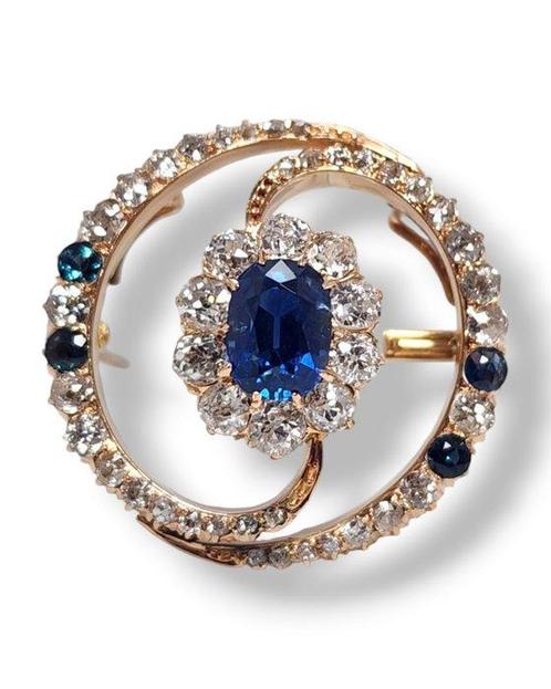 Broche - 14 karaat Geel goud, Een Antieke Saffier en Diamant, Sieraden, Tassen en Uiterlijk, Antieke sieraden
