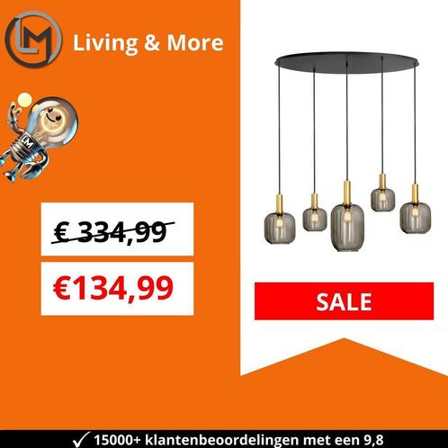 Hanglamp ovaal – zwart met gouden accenten en smoke glas, 5-, Huis en Inrichting, Lampen | Hanglampen, Nieuw, Verzenden
