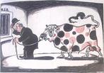 Spotprent met Braat en zn stier die gemolken moet worden, Antiek en Kunst, Verzenden