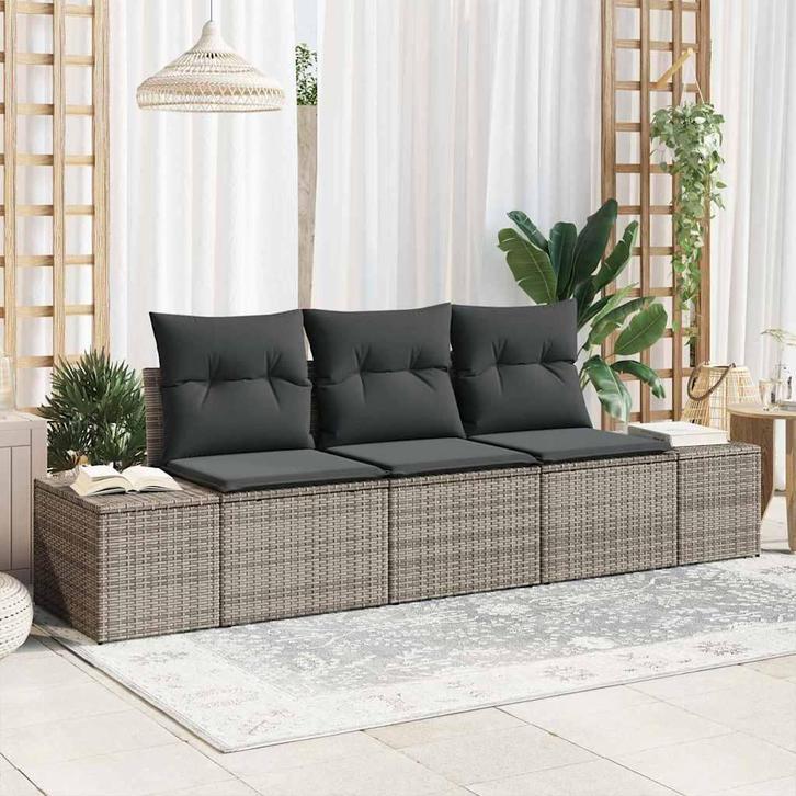 vidaXL Tuin Sofa Set 3 pcs Grijs Poly Rattan en Poedergecoat, Tuin en Terras, Tuinsets en Loungesets, Nieuw, Rotan, Verzenden