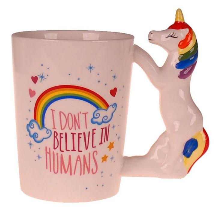 Beker - Eenhoorn Unicorn - I dont believe in humans - Kerami, Huis en Inrichting, Keuken | Servies, Nieuw, Ophalen of Verzenden