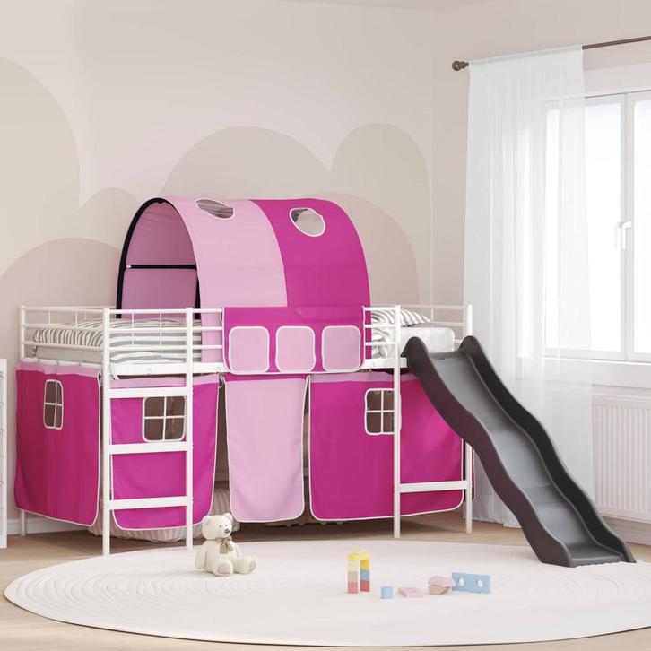 vidaXL Loftbed voor Kids Wit en Roze 100 x 200 cm Metaal, Huis en Inrichting, Slaapkamer | Bedden, Wit, Nieuw, Metaal, Verzenden