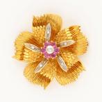 18 karaat Goud - Broche - 0.03 ct Diamant - Robijn, Sieraden, Tassen en Uiterlijk, Antieke sieraden