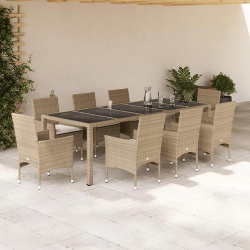 vidaXL 9-delige Tuinset met kussens poly rattan en glas, Tuin en Terras, Tuinsets en Loungesets, Tuinset, Nieuw, 8 zitplaatsen