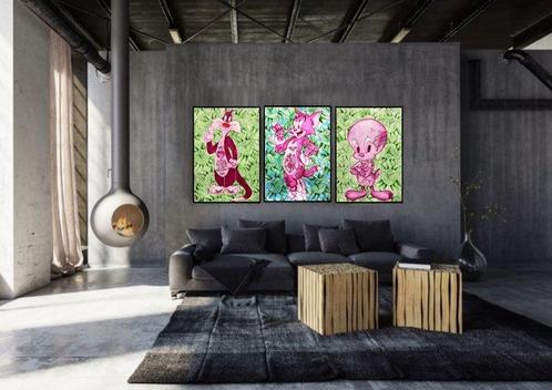 Javi Cuadrado (1986) - 3 Pinturas Sylvester, Tom, Jerry y, Antiek en Kunst, Kunst | Designobjecten