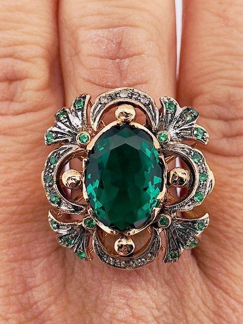 Zonder Minimumprijs - Ring - 9 kt. Roségoud, Zilver Smaragd, Sieraden, Tassen en Uiterlijk, Ringen