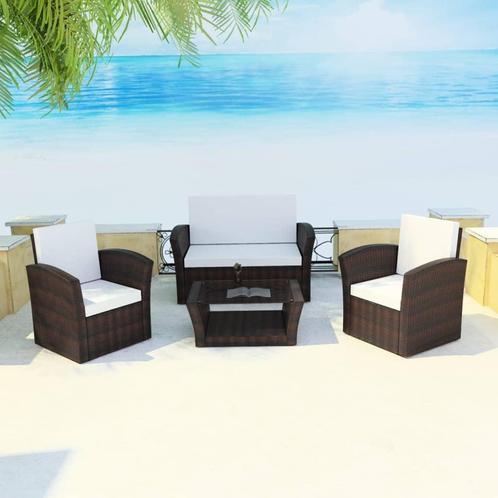 vidaXL 4-delige Loungeset met kussens poly rattan bruin, Tuin en Terras, Tuinsets en Loungesets, Loungeset, Nieuw, 3 zitplaatsen