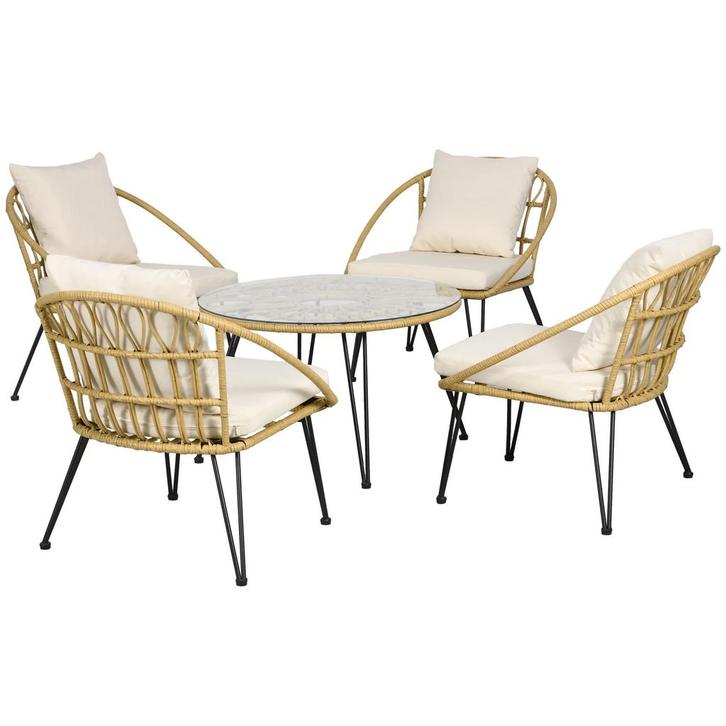 TRUUSK Rattan Tuinmeubelset 5-delig - Eettafel en 4 Stoelen, Tuin en Terras, Tuinsets en Loungesets, Nieuw, Verzenden
