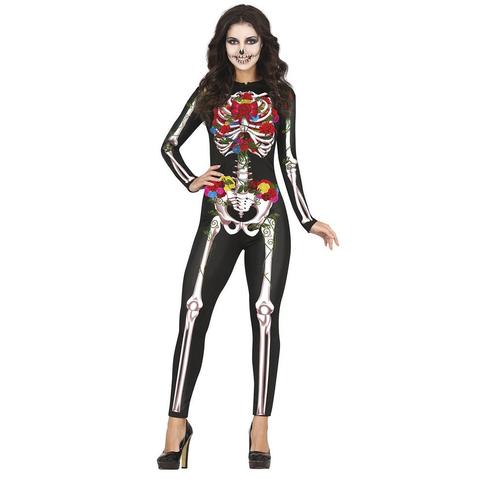 Skelet Halloween Kostuum Dames Bloemen, Kleding | Dames, Carnavalskleding en Feestkleding, Nieuw, Verzenden