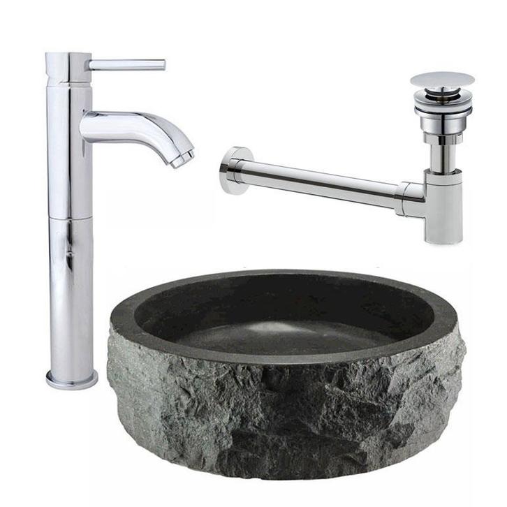 Waskom natuursteen inclusief hoge kraan en luxe afvoer set, Huis en Inrichting, Badkamer | Badkamermeubels, Nieuw, Verzenden
